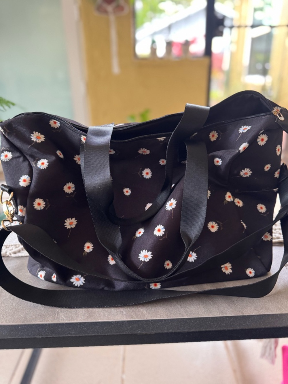 Alice + Olivia Black Daisy Print Weekender Duffle Bag